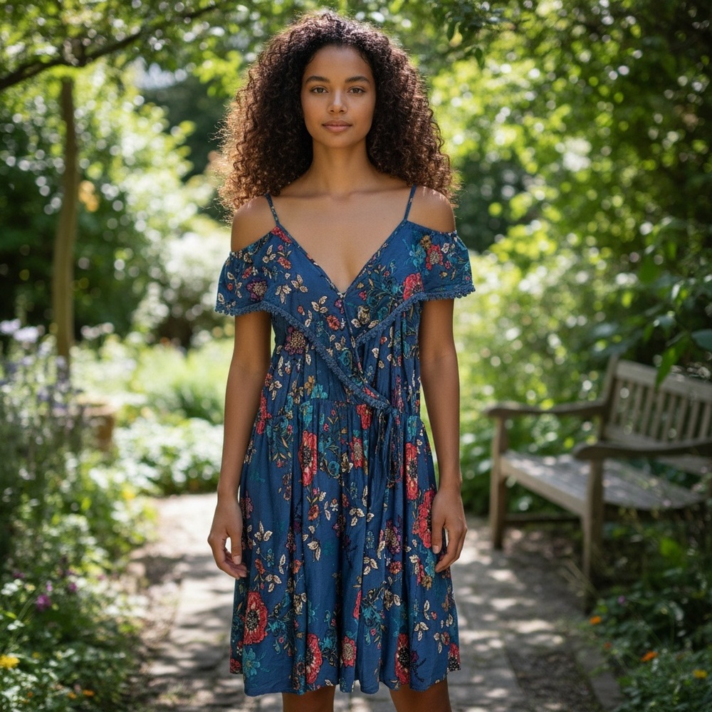 Vintage Y2K Floral Blue Off-Shoulder Summer Dress